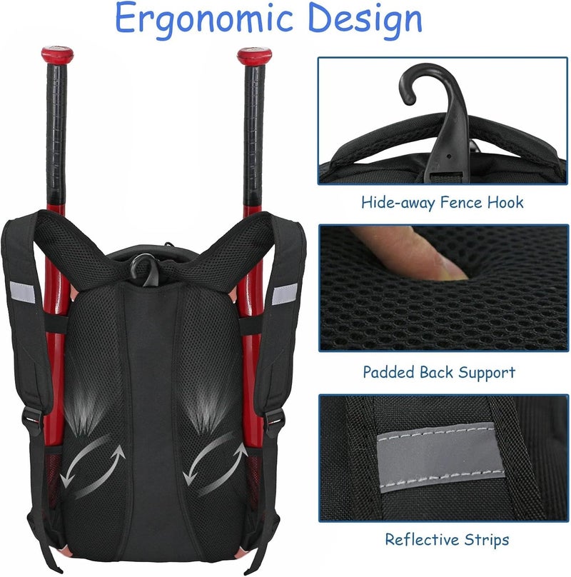 WOLT Youth Baseball Bag - Bat Backpack for Baseball, T-Ball & Softball Equipment & Gear, Bat & Glove Holder, Large Main Compartment for Helmet & accessories, Separate Shoes Compartment, Fence Hook - Image 5